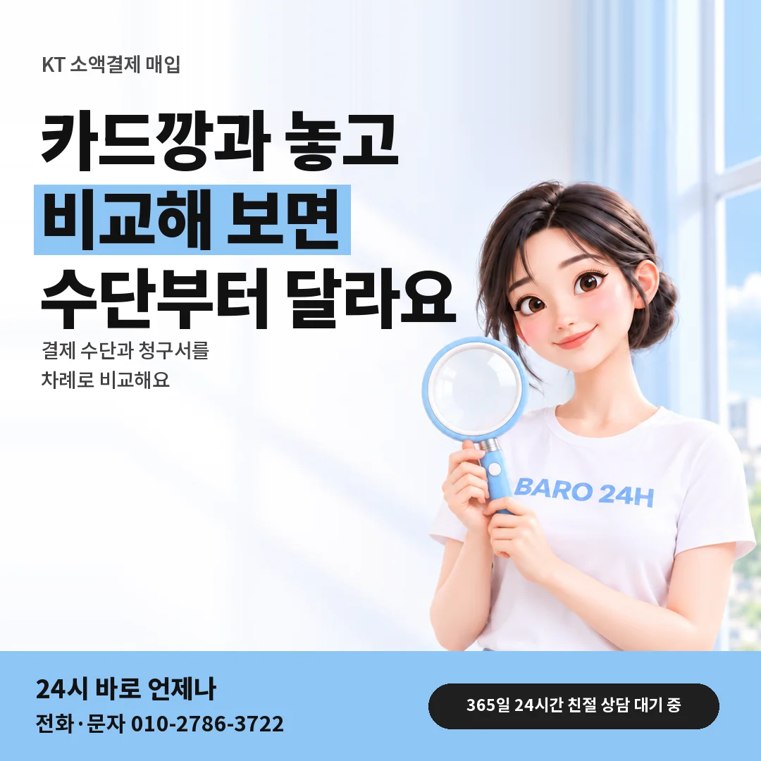 돋보기를 든 BARO 24H 티셔츠를 입은 3D 인물 옆에 「KT 카드깡과 다른 방식」 제목을 얹은 안내 카드