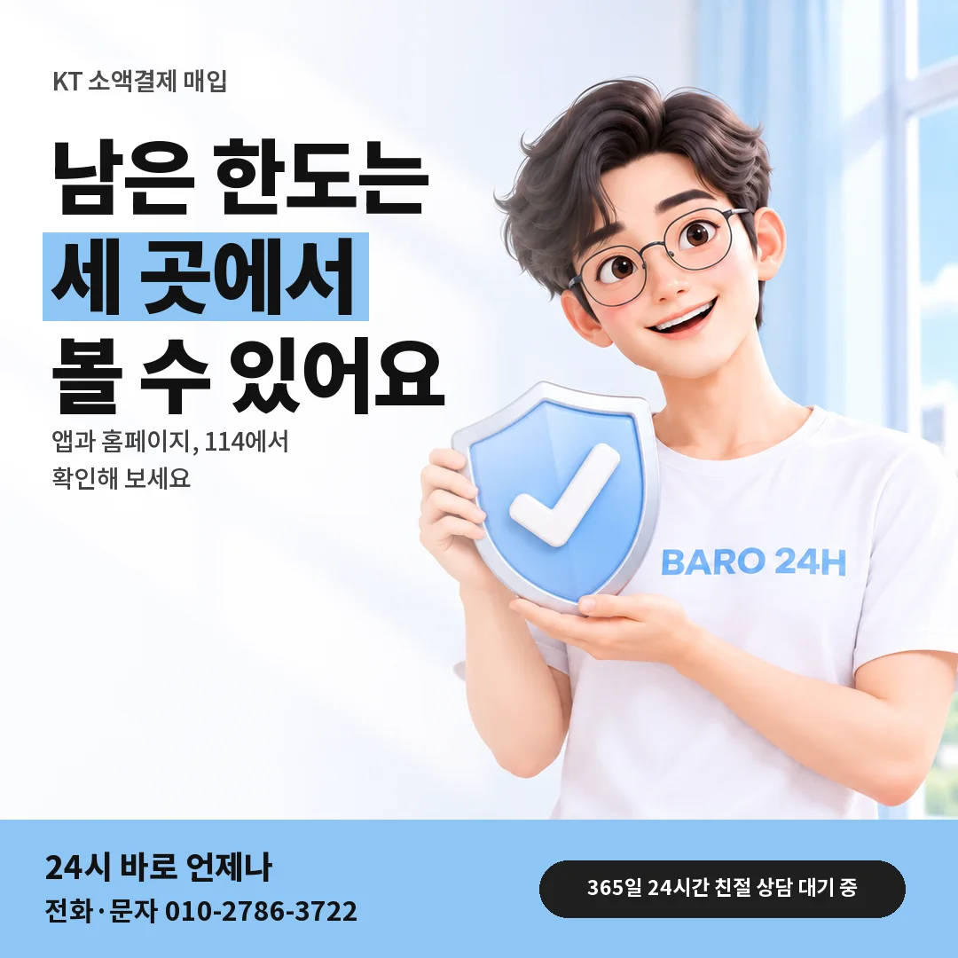방패를 든 BARO 24H 티셔츠를 입은 3D 인물 옆에 「KT 남은 한도 보는 곳」 제목을 얹은 안내 카드