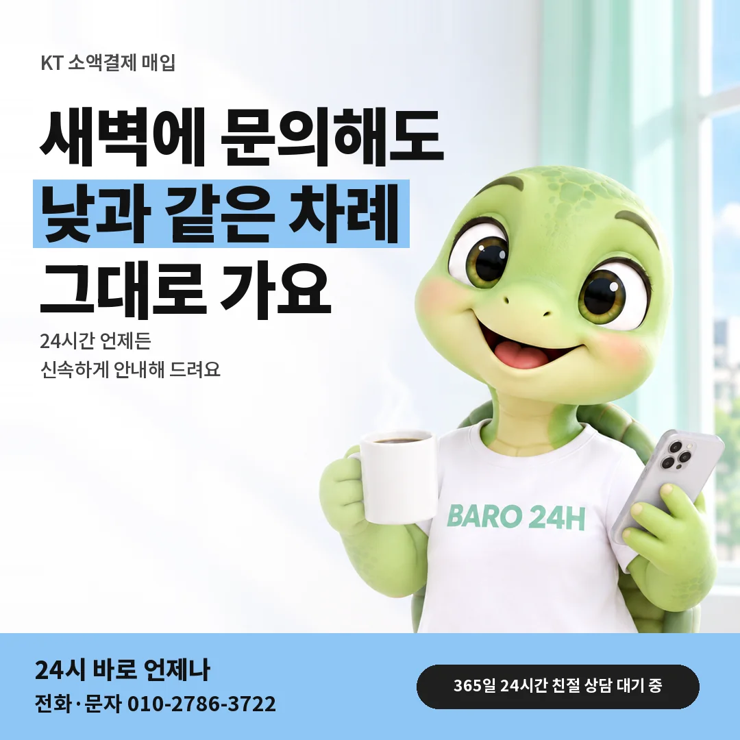 BARO 24H 티셔츠를 입은 3D 거북이 캐릭터 옆에 「KT 늦은 밤 · 주말 상담」 제목을 얹은 안내 카드