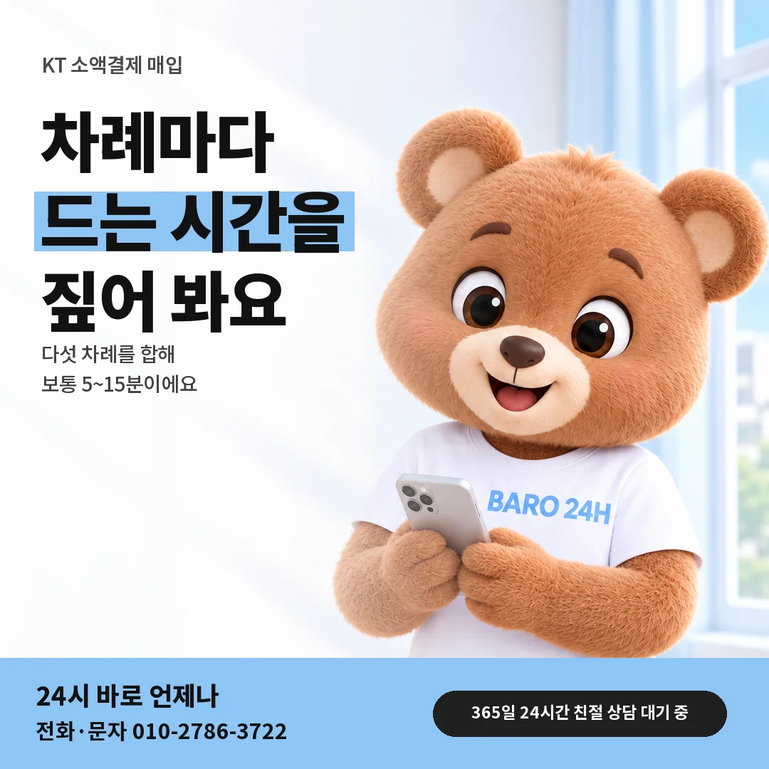 BARO 24H 티셔츠를 입은 3D 곰 캐릭터 옆에 「KT 차례별 걸리는 시간」 제목을 얹은 안내 카드